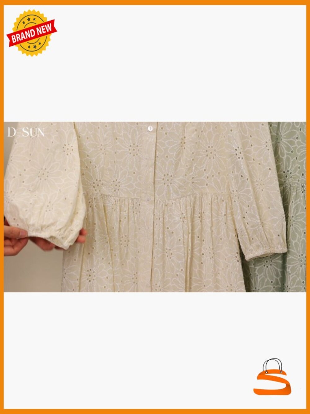 Boho Floral Lace Eyelet Midi Dress 3/4 Sleeve V-Neck Button - Picture 7 of 7